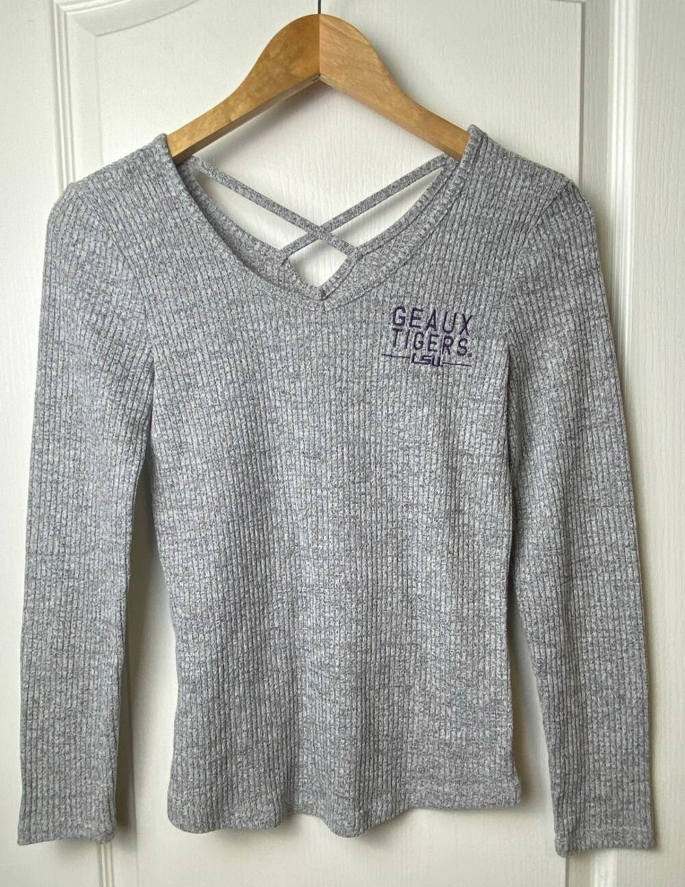 Blue 84 LSU Geaux Tigers Gray Ribbed Long Sleeve Pullover Women's Size Small